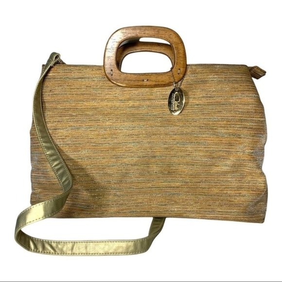 Cabrelli Vintage Tapestry Style Hand Bag Earth Tone Golden Wooden - Picture 1 of 10